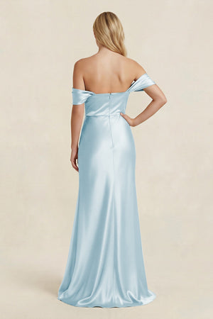 Off - the - Shoulder Sheath Satin Bridesmaid Dress with Slit in Sky Blue - KISS BRIDAL Bridesmaid Dresses