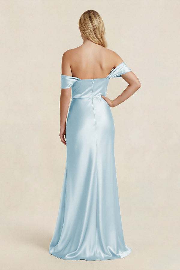 Off - the - Shoulder Sheath Satin Bridesmaid Dress with Slit in Sky Blue - KISS BRIDAL Bridesmaid Dresses