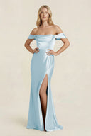 Off - the - Shoulder Sheath Satin Bridesmaid Dress with Slit in Sky Blue - KISS BRIDAL Bridesmaid Dresses