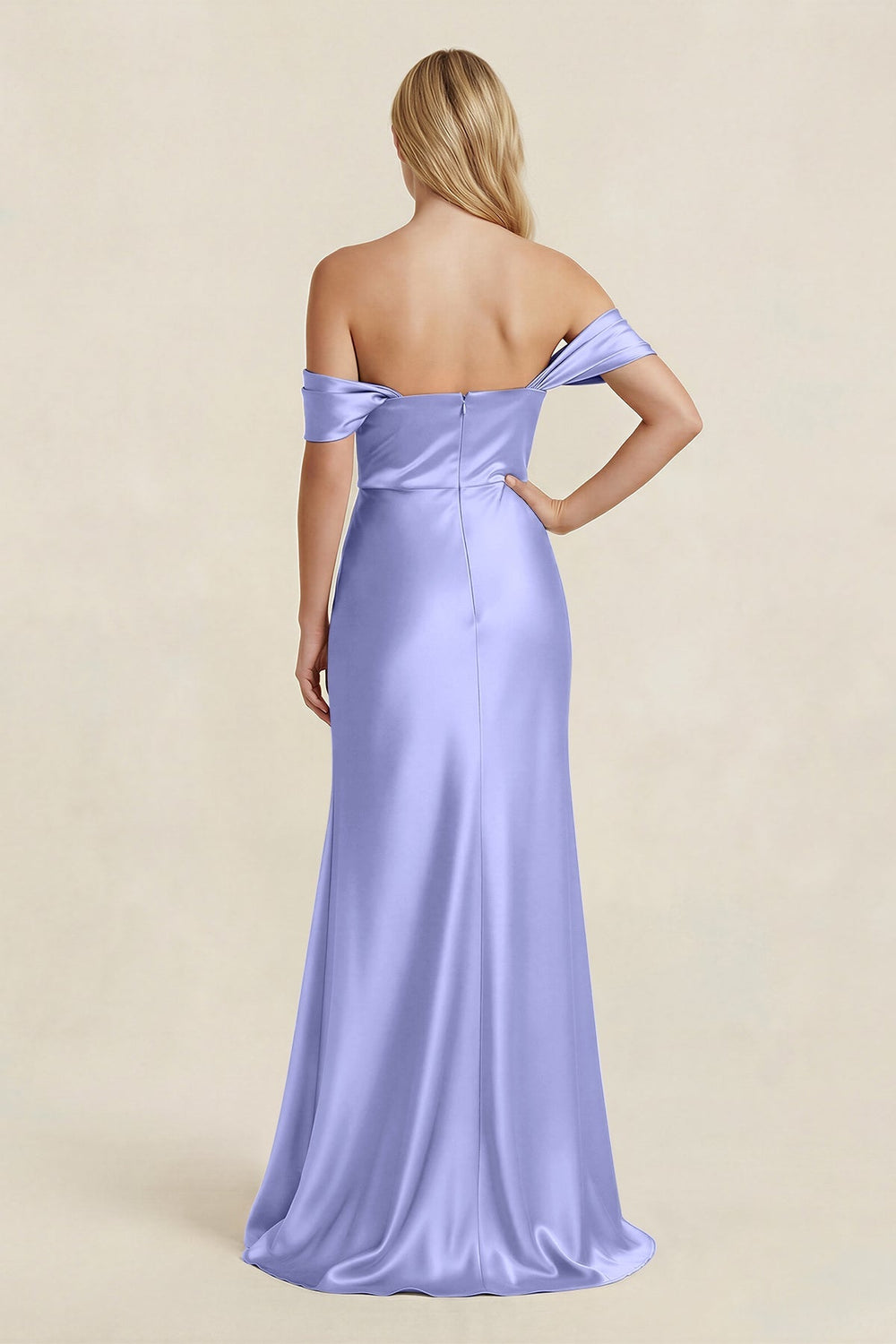 Off - the - Shoulder Sheath Satin Bridesmaid Dress with Slit in Steel Blue - KISS BRIDAL Bridesmaid Dresses
