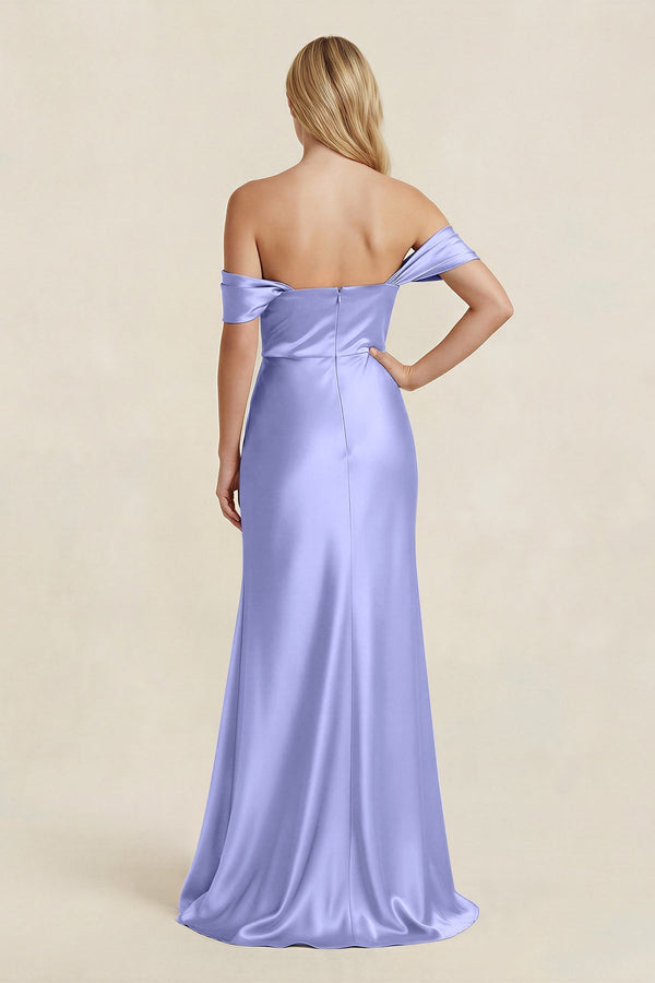 Off - the - Shoulder Sheath Satin Bridesmaid Dress with Slit in Steel Blue - KISS BRIDAL Bridesmaid Dresses