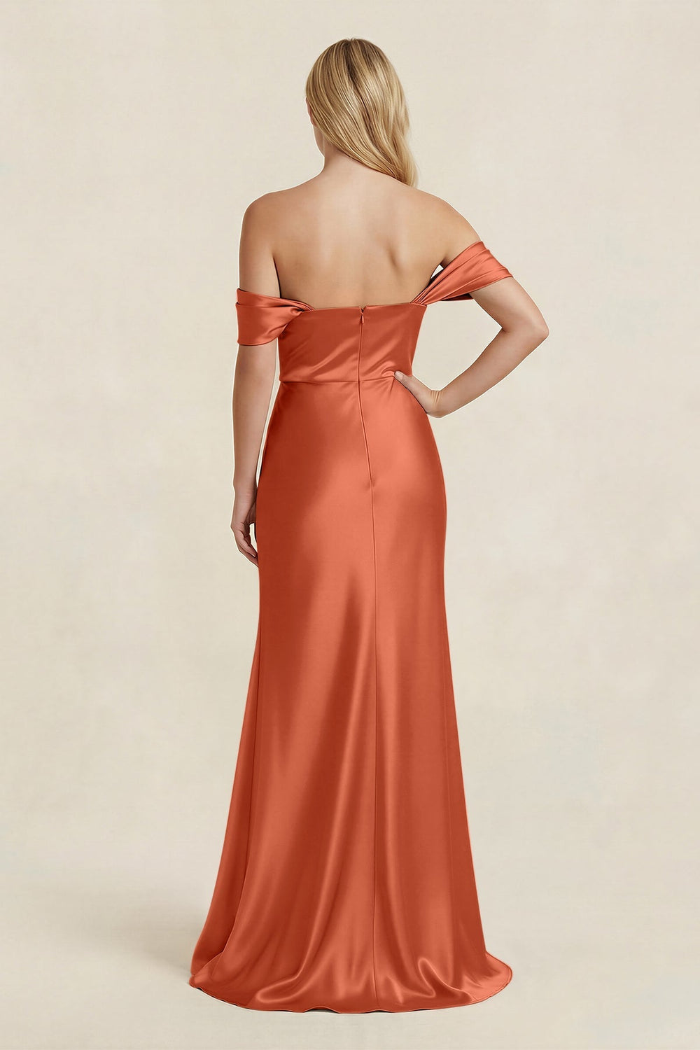 Off - the - Shoulder Sheath Satin Bridesmaid Dress with Slit in Terracotta - KISS BRIDAL Bridesmaid Dresses