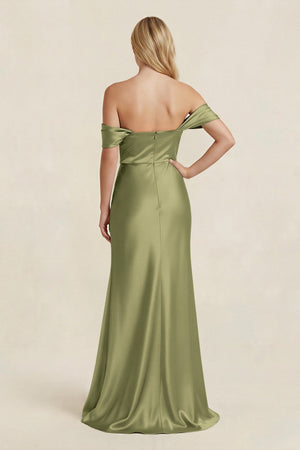 Off - the - Shoulder Sheath Satin Bridesmaid Dress with Slit in Thyme - KISS BRIDAL Bridesmaid Dresses
