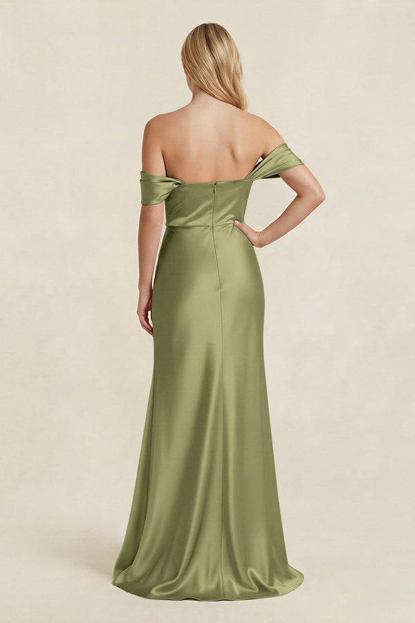 Off - the - Shoulder Sheath Satin Bridesmaid Dress with Slit in Thyme - KISS BRIDAL Bridesmaid Dresses