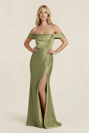 Off - the - Shoulder Sheath Satin Bridesmaid Dress with Slit in Thyme - KISS BRIDAL Bridesmaid Dresses