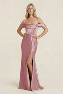 Off - the - Shoulder Sheath Satin Bridesmaid Dress with Slit in Toffee - KISS BRIDAL Bridesmaid Dresses