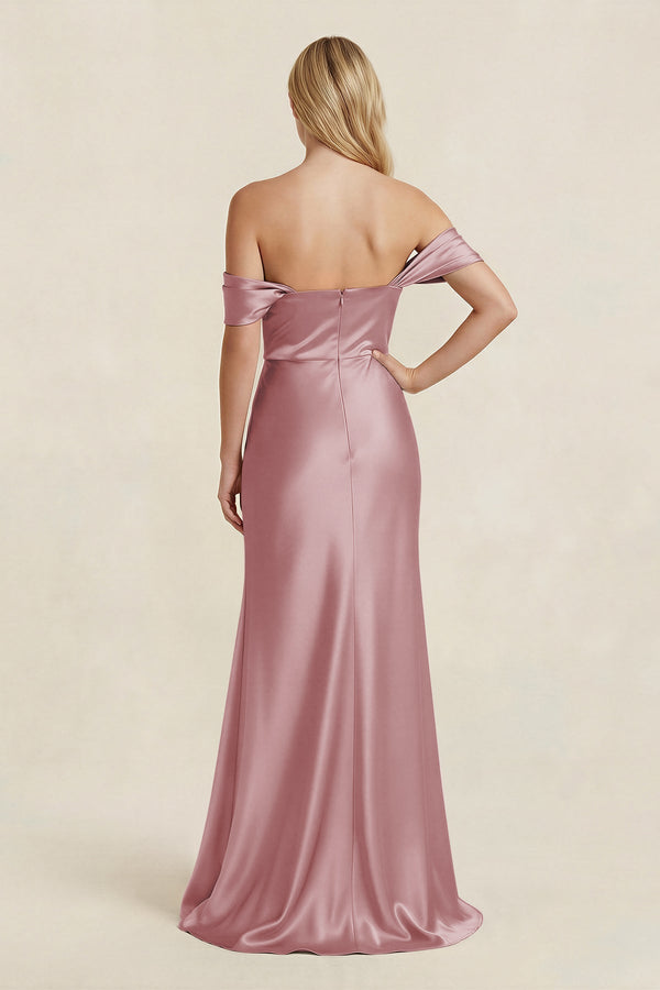 Off - the - Shoulder Sheath Satin Bridesmaid Dress with Slit in Toffee - KISS BRIDAL Bridesmaid Dresses