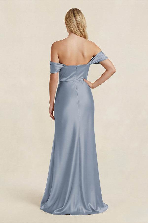 Off - the - Shoulder Sheath Satin Bridesmaid Dress with Slit in Twilight - KISS BRIDAL Bridesmaid Dresses