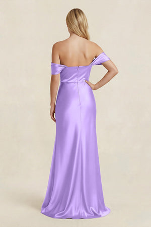 Off - the - Shoulder Sheath Satin Bridesmaid Dress with Slit in Vintage Mauve - KISS BRIDAL Bridesmaid Dresses