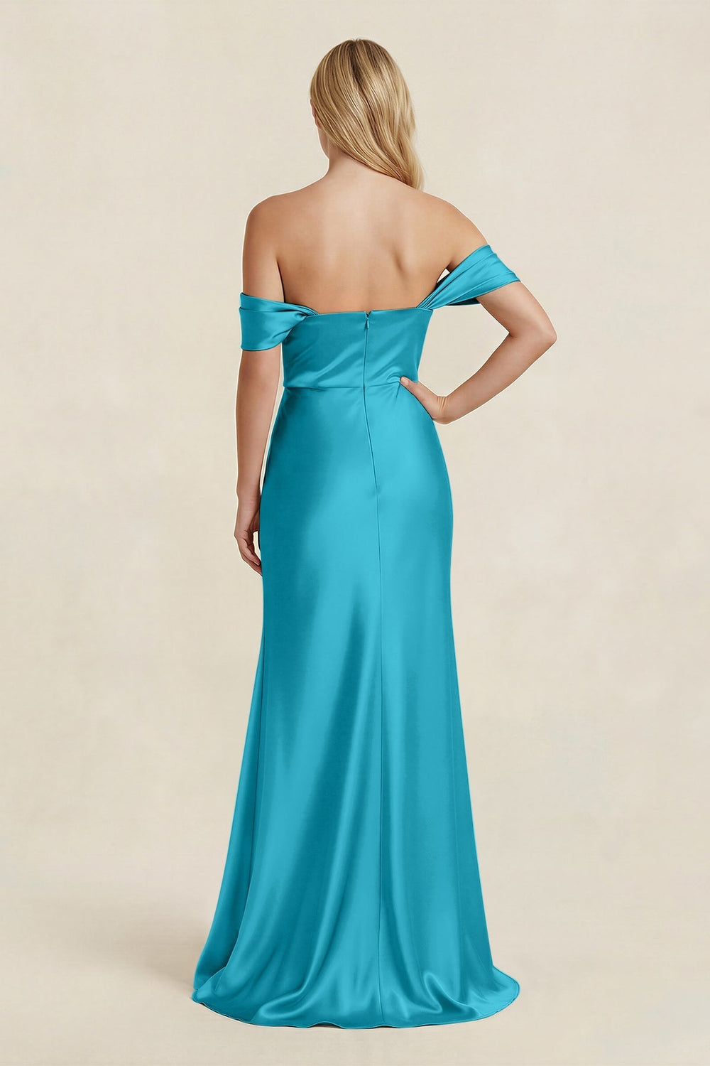 Off - the - Shoulder Sheath Satin Bridesmaid Dress with Slit in Viridian Green - KISS BRIDAL Bridesmaid Dresses