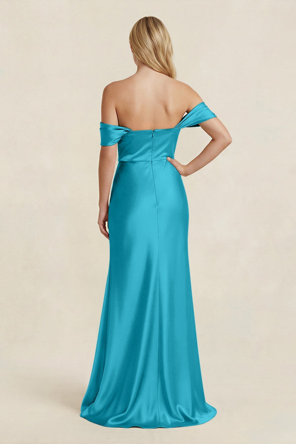 Off - the - Shoulder Sheath Satin Bridesmaid Dress with Slit in Viridian Green - KISS BRIDAL Bridesmaid Dresses