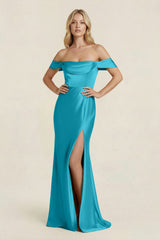Off - the - Shoulder Sheath Satin Bridesmaid Dress with Slit in Viridian Green - KISS BRIDAL Bridesmaid Dresses