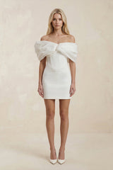 Off - the - Shoulder Sheath Satin Mini Wedding Dress in Ivory - KISS BRIDAL Wedding Dresses