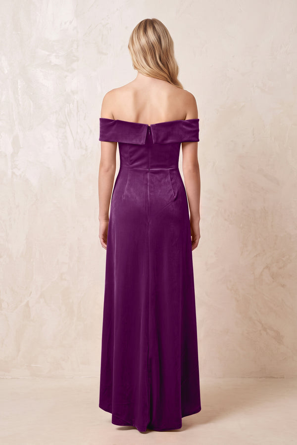 Off - the - Shoulder Sheath Velvet Midi Bridesmaid Dress in Amethyst - KISS BRIDAL Bridesmaid Dresses