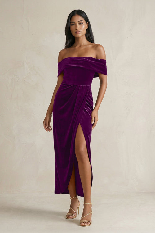 Off - the - Shoulder Sheath Velvet Midi Bridesmaid Dress in Amethyst - KISS BRIDAL Bridesmaid Dresses