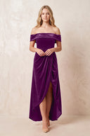 Off - the - Shoulder Sheath Velvet Midi Bridesmaid Dress in Amethyst - KISS BRIDAL Bridesmaid Dresses