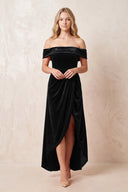 Off - the - Shoulder Sheath Velvet Midi Bridesmaid Dress in Black - KISS BRIDAL Bridesmaid Dresses