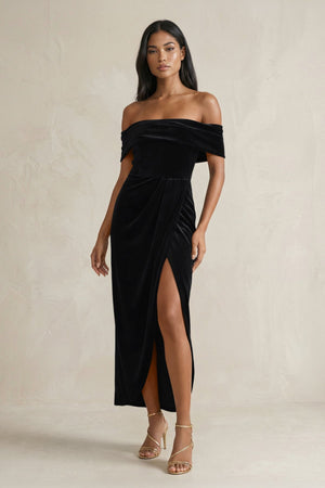 Off - the - Shoulder Sheath Velvet Midi Bridesmaid Dress in Black - KISS BRIDAL Bridesmaid Dresses