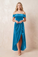 Off the Shoulder Sheath Velvet Midi Bridesmaid Dress in Blue Jay - KISS BRIDAL Bridesmaid Dresses