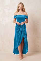 Off the Shoulder Sheath Velvet Midi Bridesmaid Dress in Blue Jay - KISS BRIDAL Bridesmaid Dresses