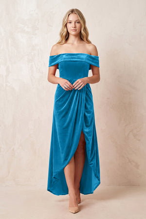 Off the Shoulder Sheath Velvet Midi Bridesmaid Dress in Blue Jay - KISS BRIDAL Bridesmaid Dresses