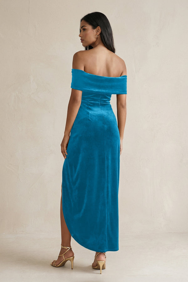 Off - the - Shoulder Sheath Velvet Midi Bridesmaid Dress in Blue Jay - KISS BRIDAL Bridesmaid Dresses