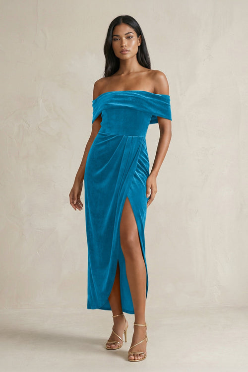 Off - the - Shoulder Sheath Velvet Midi Bridesmaid Dress in Blue Jay - KISS BRIDAL Bridesmaid Dresses