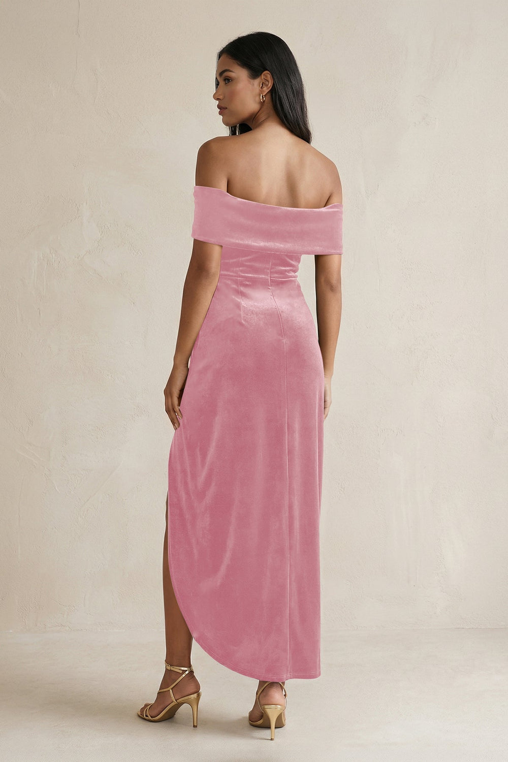 Off - the - Shoulder Sheath Velvet Midi Bridesmaid Dress in Blush Pink - KISS BRIDAL Bridesmaid Dresses