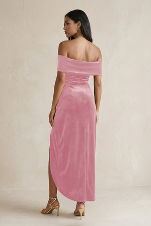 Off - the - Shoulder Sheath Velvet Midi Bridesmaid Dress in Blush Pink - KISS BRIDAL Bridesmaid Dresses