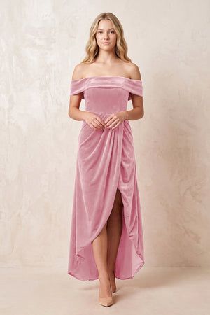 Off the Shoulder Sheath Velvet Midi Bridesmaid Dress in Blush Pink - KISS BRIDAL Bridesmaid Dresses