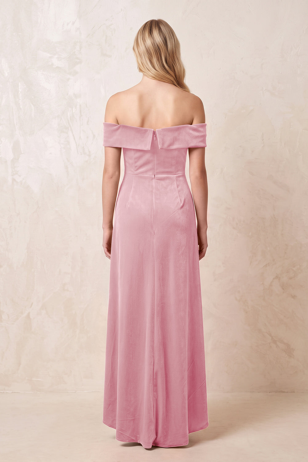 Off-the-Shoulder Sheath Velvet Midi Bridesmaid Dress in Blush Pink