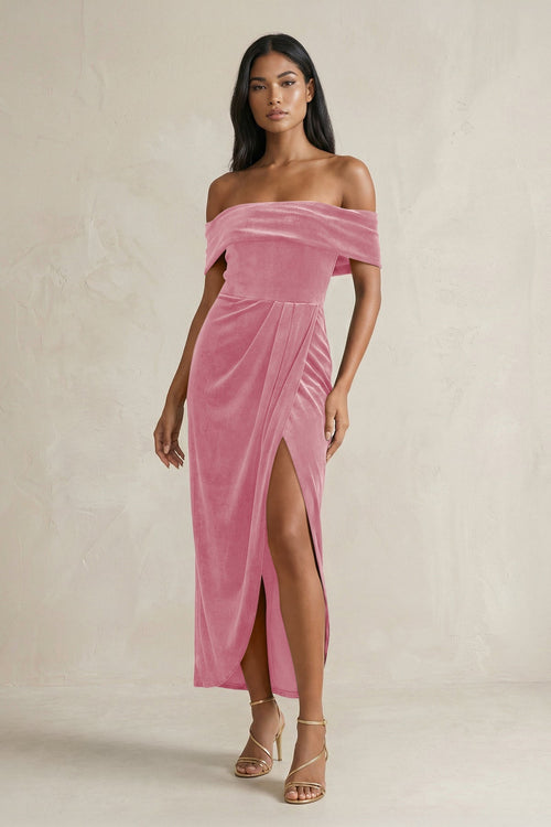 Off - the - Shoulder Sheath Velvet Midi Bridesmaid Dress in Blush Pink - KISS BRIDAL Bridesmaid Dresses