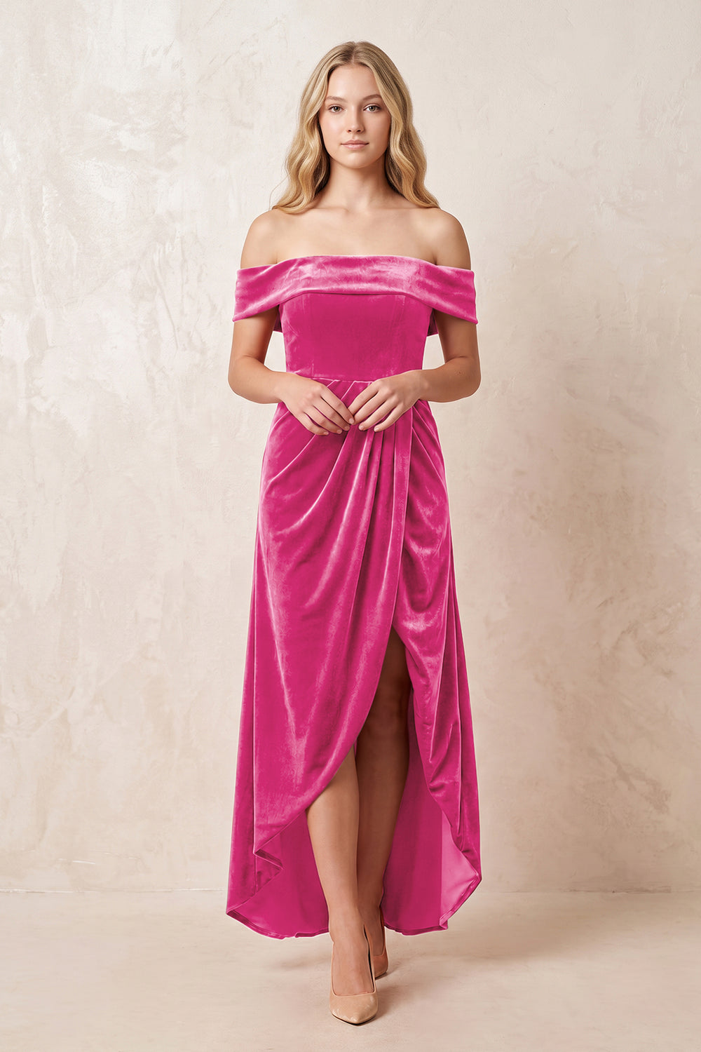 Off-the-Shoulder Sheath Velvet Midi Bridesmaid Dress in Bon Bon Pink