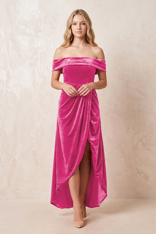 Off - the - Shoulder Sheath Velvet Midi Bridesmaid Dress in Bon Bon Pink - KISS BRIDAL Bridesmaid Dresses