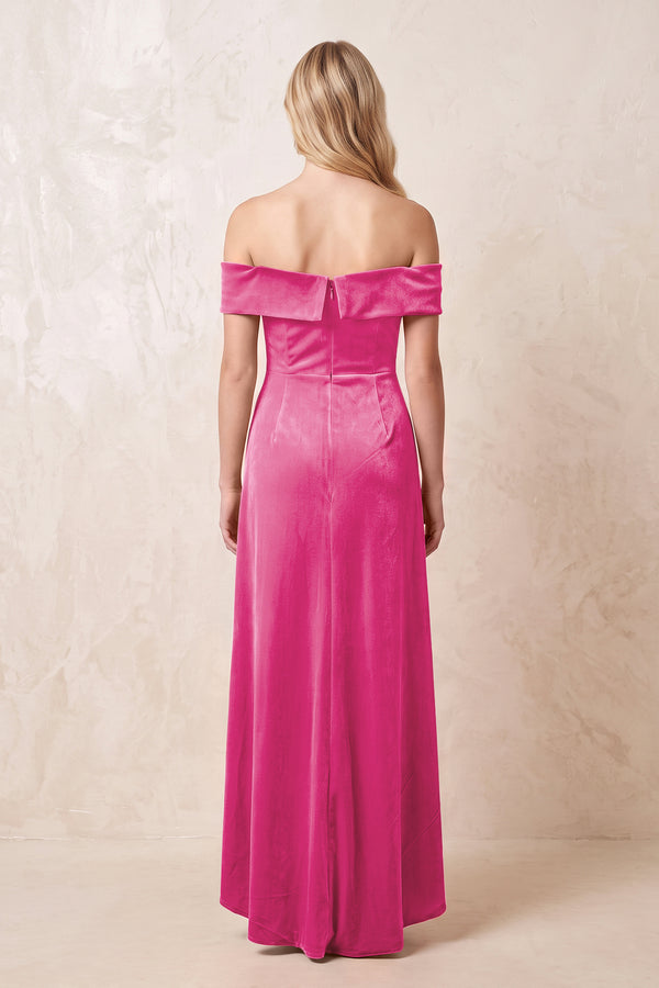 Off - the - Shoulder Sheath Velvet Midi Bridesmaid Dress in Bon Bon Pink - KISS BRIDAL Bridesmaid Dresses