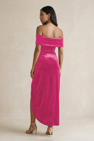 Off - the - Shoulder Sheath Velvet Midi Bridesmaid Dress in Bon Bon Pink - KISS BRIDAL Bridesmaid Dresses