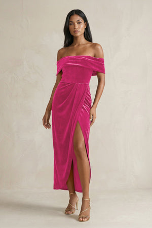 Off - the - Shoulder Sheath Velvet Midi Bridesmaid Dress in Bon Bon Pink - KISS BRIDAL Bridesmaid Dresses