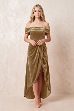 Off - the - Shoulder Sheath Velvet Midi Bridesmaid Dress in Bronzer - KISS BRIDAL Bridesmaid Dresses