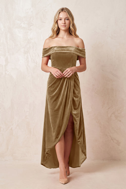 Off - the - Shoulder Sheath Velvet Midi Bridesmaid Dress in Bronzer - KISS BRIDAL Bridesmaid Dresses