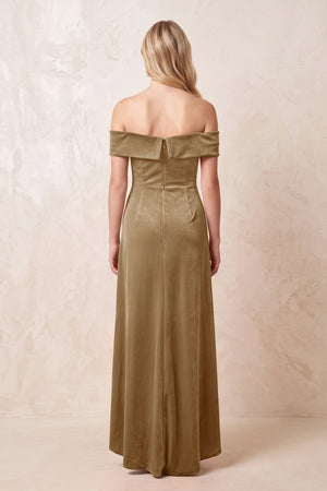 Off - the - Shoulder Sheath Velvet Midi Bridesmaid Dress in Bronzer - KISS BRIDAL Bridesmaid Dresses