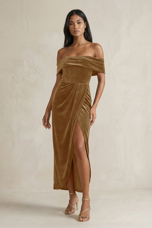 Off - the - Shoulder Sheath Velvet Midi Bridesmaid Dress in Bronzer - KISS BRIDAL Bridesmaid Dresses