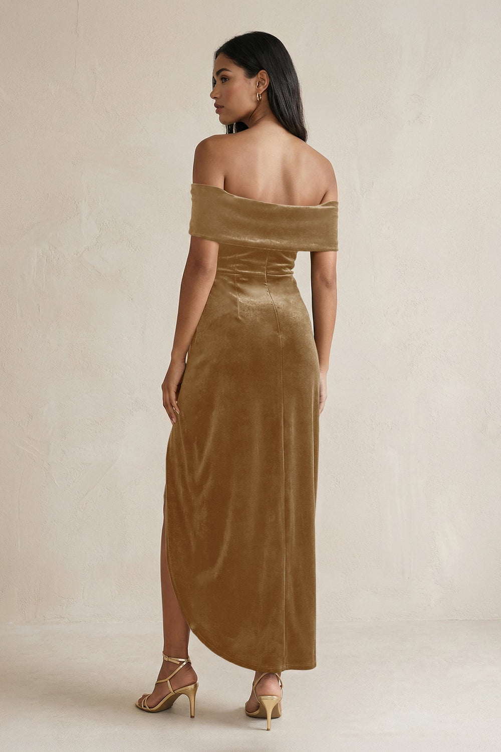 Off - the - Shoulder Sheath Velvet Midi Bridesmaid Dress in Bronzer - KISS BRIDAL Bridesmaid Dresses