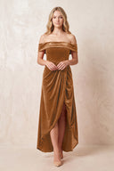 Off - the - Shoulder Sheath Velvet Midi Bridesmaid Dress in Brown - KISS BRIDAL Bridesmaid Dresses