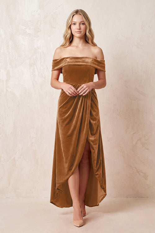Off - the - Shoulder Sheath Velvet Midi Bridesmaid Dress in Brown - KISS BRIDAL Bridesmaid Dresses