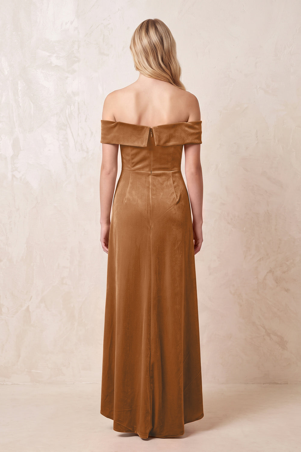 Off-the-Shoulder Sheath Velvet Midi Bridesmaid Dress in Brown