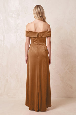 Off - the - Shoulder Sheath Velvet Midi Bridesmaid Dress in Brown - KISS BRIDAL Bridesmaid Dresses
