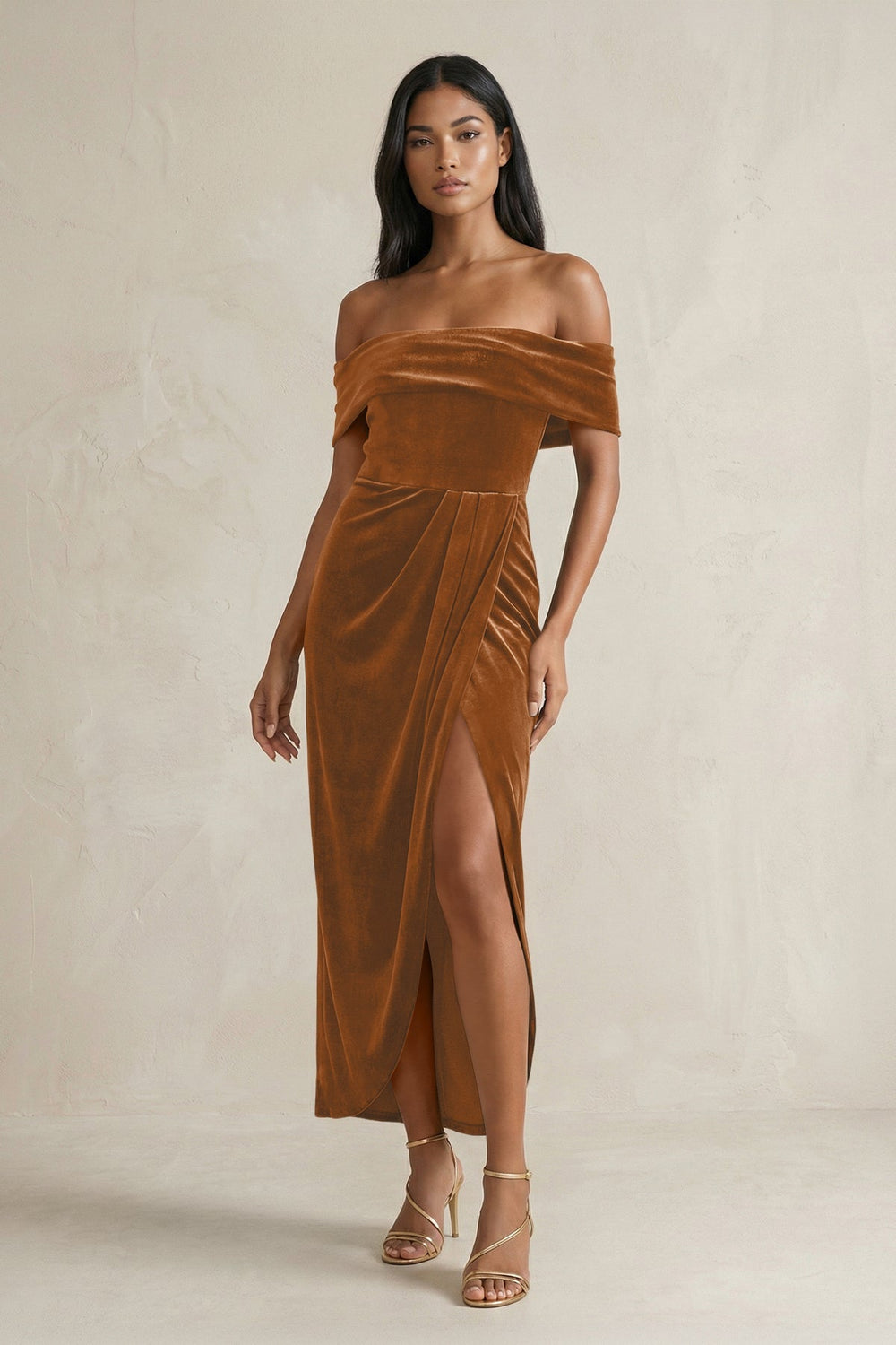 Off - the - Shoulder Sheath Velvet Midi Bridesmaid Dress in Brown - KISS BRIDAL Bridesmaid Dresses
