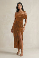 Off - the - Shoulder Sheath Velvet Midi Bridesmaid Dress in Brown - KISS BRIDAL Bridesmaid Dresses