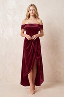 Off - the - Shoulder Sheath Velvet Midi Bridesmaid Dress in Burgundy - KISS BRIDAL Bridesmaid Dresses