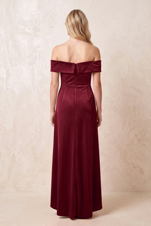 Off - the - Shoulder Sheath Velvet Midi Bridesmaid Dress in Burgundy - KISS BRIDAL Bridesmaid Dresses